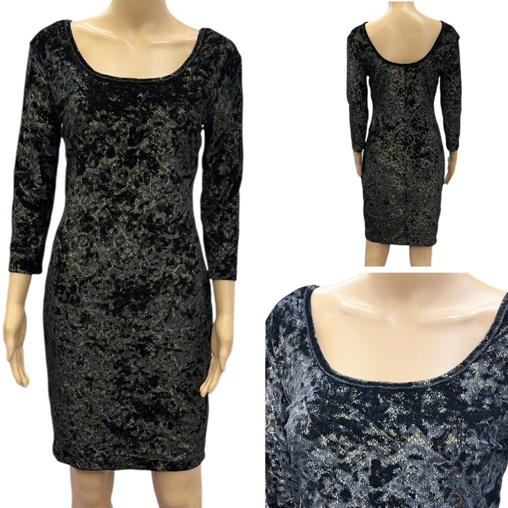 Peacocks Black And Metallic Gold Velvet 3 Quarter Sleeve Formfit Dress Womens 10